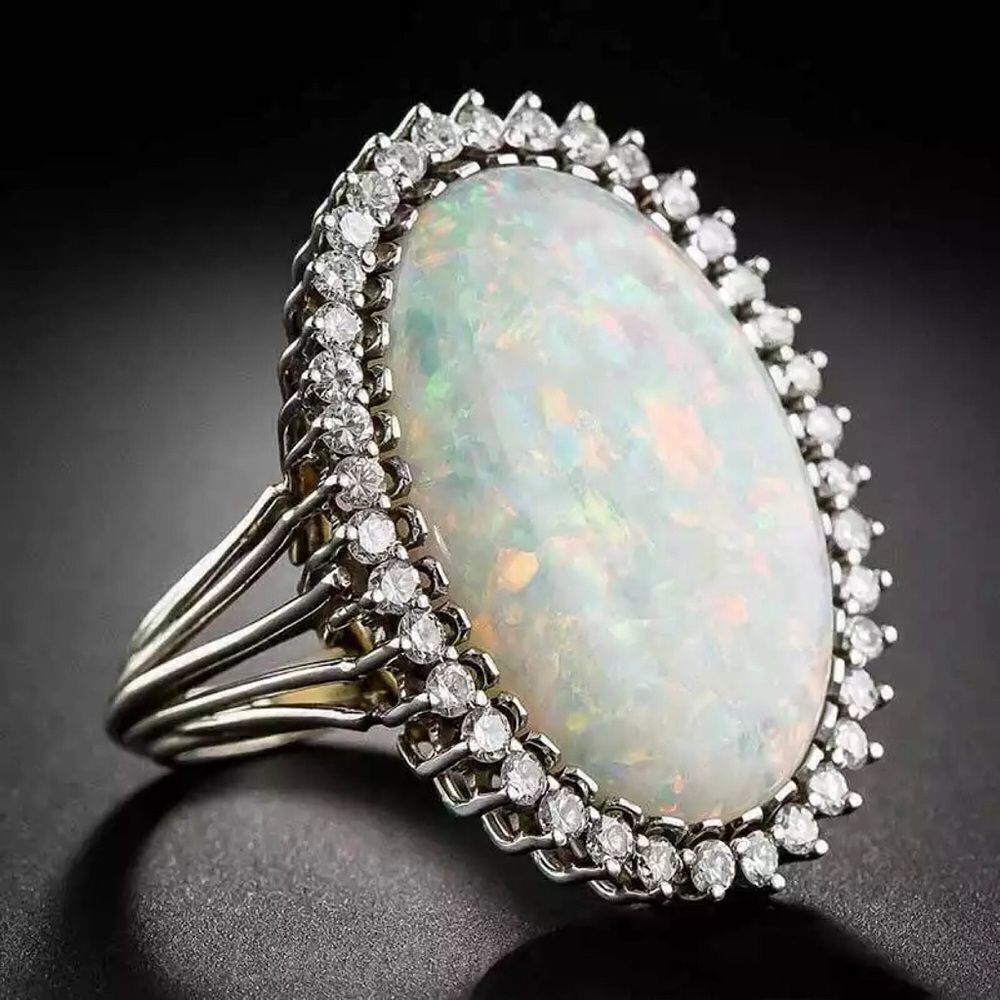 💎229💎 *NEW VINTAGE SILVER TONE FIRE OPAL EGG SHAPE  DIAMOND RING